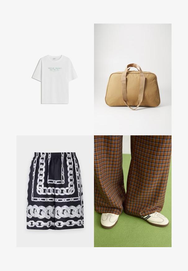 Fehér pamut póló, laza fazonnal, kerek nyakkal és világoszöld felirattal a frontrészén: "FRISS LEVEGŐ, LEJÁTSZÓLISTA, SZABADIDŐ stb...".; Fekete nadrág rövidnadrág, nagy ezüstlánc mintával, elasztikus derékkal és laza fazonnal, sima anyagból készítve.; Barna és kék kockás, bőrt lábú nadrág, fehér cipővel, fekete részletekkel és texturált talppal, zöld háttér előtt.; Barna sporttáska, két szövetfogóval, sima felülettel, cipzáros záródással, ovális formával, és egy diszkrét dombornyomott logóval az egyik oldalon.