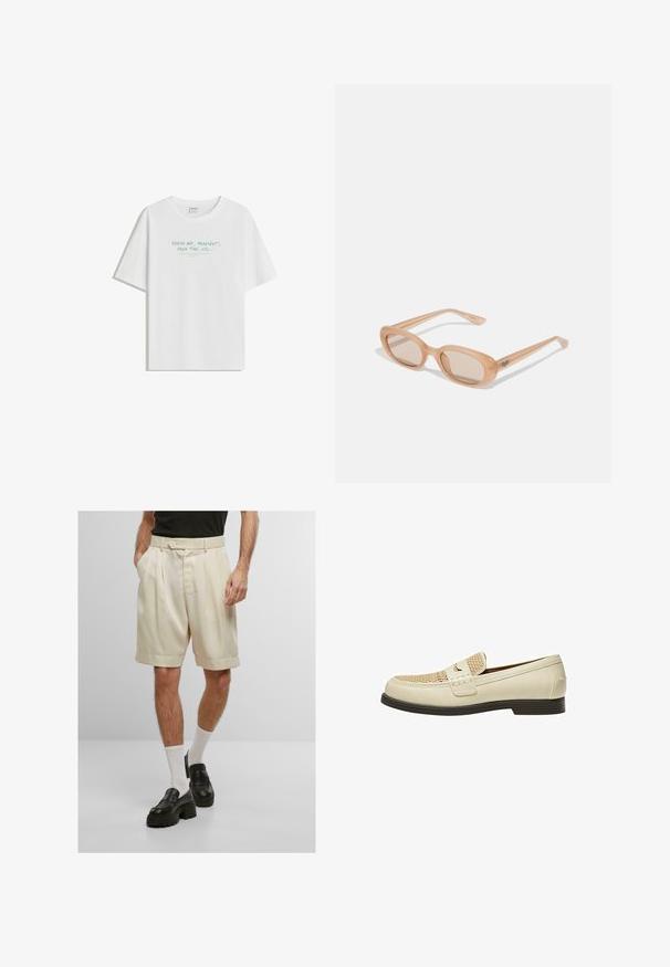 Bílý bavlněný tričko s volným střihem, kulatým výstřihem a světle zeleným textem: „ČERSTVÝ VZDUCH, PLAYLIST, VOLNÝ ČAS, atd..." na přední straně.; Krémové plisované šortky s bočními kapsami, zapínáním na knoflík a ohrnutými manžetami, spárované s černými platformovými mokasíny a bílými ponožkami.; Béžové kožené mokasíny s tkaným detailem na špičce a plochou hnědou podrážkou. Obsahují dekorativní pásku přes přední část.; Sluneční brýle s transparentním světle hnědým rámem, oválnými čočkami a štíhlými stranami s jemně vyrytým logem. Matný povrch s minimalistickým designem.