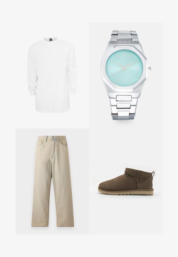 Long-sleeve white cotton t-shirt with a round neckline, loose fit, and ribbed cuffs. Plain design, no graphics or patterns.; Light beige wide-leg jeans with a high waist, made of denim fabric. Features classic five-pocket styling and subtle fading.; Short brown suede ankle boots with a rounded toe, exposed stitching, and a textured lightweight rubber sole, featuring a pull tab at the back.; Silver octagonal watch with a light turquoise dial, minimalist silver hands, and hour markers. Metallic link bracelet with brushed texture.