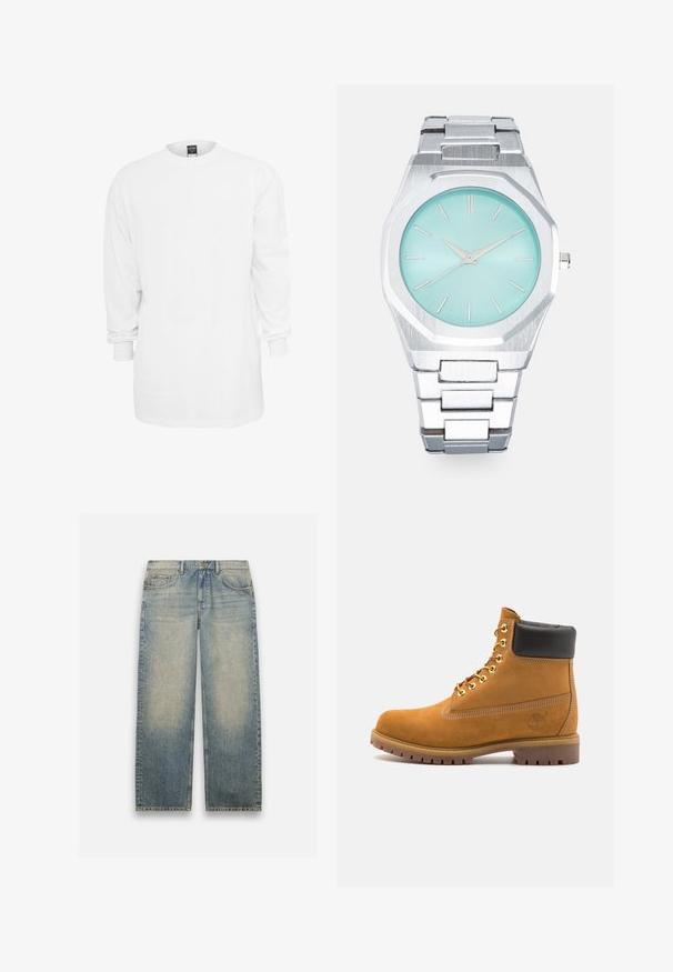 Pitkähihaista valkoista puuvillapaitaa, jossa on pyöreä kaula-aukko, rento istuvuus ja ribbaatut hihat. Yksinkertainen muotoilu, ei graafisia kuvastoja tai kuvioita.; Vaalean siniset farkut, joissa on rento malli, suorat lahkeet ja haalistunut pesu. Ominaisuuksiin kuuluvat kaksi etutaskua ja napitus.; Valkoinen nahkainen nilkkuri mustalla pehmustetulla kauluksella, kultaisilla metallisilla rei'illä, valkoisella ompeluksella ja jykevällä kumipohjalla, jossa on selvästi näkyvät urat.; Hopeakertainen oktaavikello, jossa on vaalean turkoosi kellotaulu, minimalistiset hopeiset viisarit ja tuntimerkit. Metallinen linkkihihna, jossa on harjattu pinta.