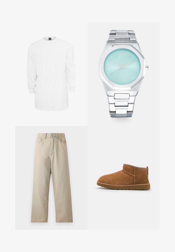Tricou alb din bumbac cu mânecă lungă, guler rotund, croială lejeră și manșete cu nervuri. Design simplu, fără grafice sau modele.; Jeans bej deschis, cu picioare largi și talie înaltă, fabricate din material denim. Prezintă un stil clasic cu cinci buzunare și o ușoară estompare.; Botină antrenașă din suede bej, cu vârf rotund, detalii subtile de cusătură și o talpă din cauciuc texturată. Înălțime scurtă fără șireturi.; Ceas octogonal argintiu cu un cadran turcoaz deschis, cu mâini și markere orare minimaliste din argint. Brățară din linkuri metalice cu textură periată.