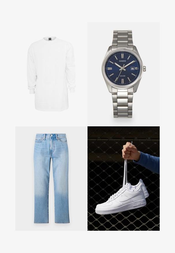 Hosszú ujjú fehér pamut póló, kerek nyakkivágással, laza fazonnal és bordás mandzsettával. Egyszerű, mintás és grafika nélküli dizájn.; Világoskék farmernadrág egyenes lábbal, elhalványult mosással, klasszikus ötpocket stílusú zsebekkel és hagyományos gombos záródással.; Fehér bőr sportcipők perforációval, kerek orral, lapos talppal és vastag fűzőkkel, látható swoosh logóval és "AIR" felirattal a sarokrészen.; Ezüst színű rozsdamentes acél karóránk sötétkék számlapja van, fém óraszámlálókkal és egy dátumablakkal a 3 órás pozícióban. 50 méterig vízálló.