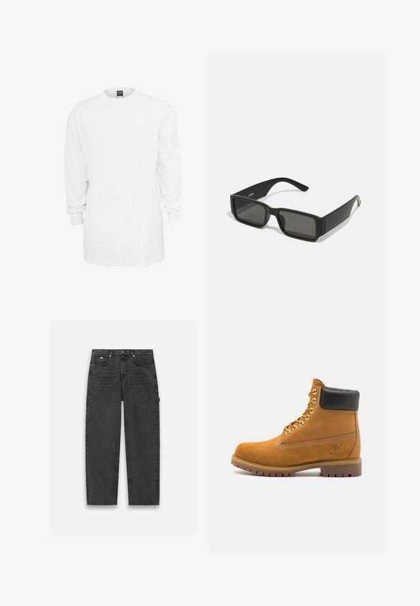 Garām piedurknēm balta kokvilnas t-kreklu ar apaļu kakla izgriezumu, brīvs griezums un ribotas piedurknes. Vienkāršs dizains, bez grafikas vai rakstiem.; Tumši pelēki džinsi ar taisnu kāju dizainu, piecu kabatu stilu un redzamu pogu un rāvējslēdzēju aizdari. Iezīmē minimālas detaļas.; Brūna zamša potīte ar melnu izšuvumu ap kaklu, zelta metāla acu caurumi, balta šuvju apdare un izturīgs gumijas zole ar izteiktu zīmējumu.; Melnas saulesbrilles ar taisnstūra lēcām, matēta plastmasas rāmja un taisnām malām. Uz iekšējās rokas ir zīmola logo.