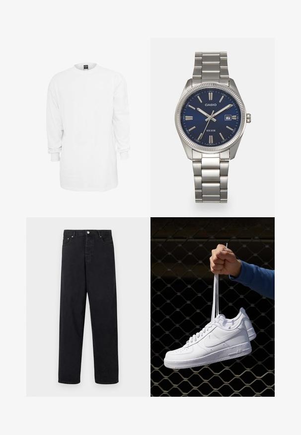 Hosszú ujjú fehér pamut póló, kerek nyakkivágással, laza fazonnal és bordás mandzsettával. Egyszerű, mintás és grafika nélküli dizájn.; Fekete, magas derekú, egyenes szárú farmernadrág, gombos záródással, övhurkokkal, valamint elülső és hátsó zsebekkel fehér háttér előtt.; Fehér bőr sportcipők perforációval, kerek orral, lapos talppal és vastag fűzőkkel, látható swoosh logóval és "AIR" felirattal a sarokrészen.; Ezüst színű rozsdamentes acél karóránk sötétkék számlapja van, fém óraszámlálókkal és egy dátumablakkal a 3 órás pozícióban. 50 méterig vízálló.