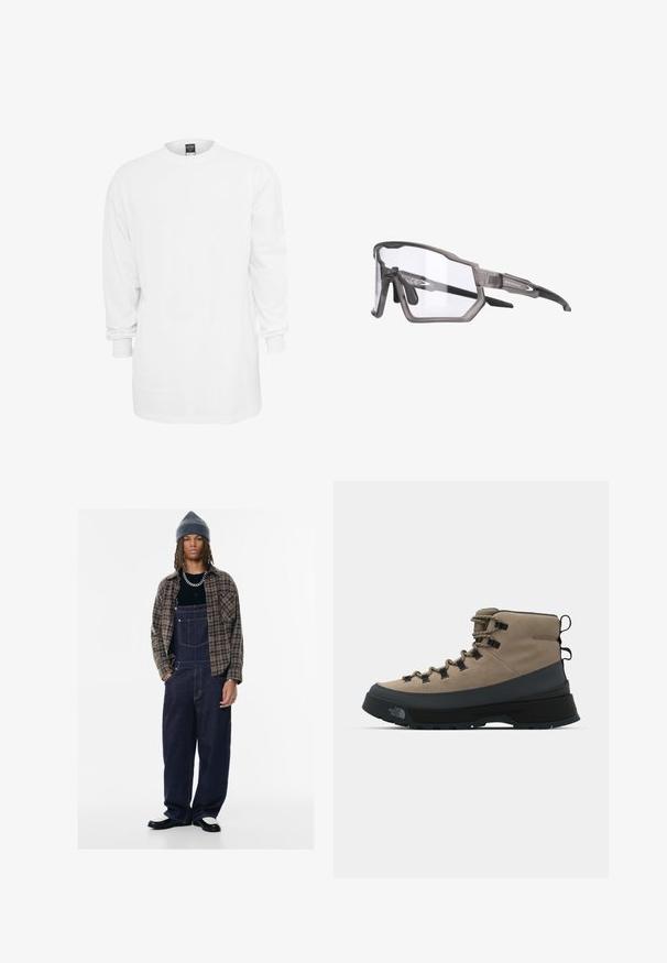 Pitkähihaista valkoista puuvillapaitaa, jossa on pyöreä kaula-aukko, rento istuvuus ja ribbaatut hihat. Yksinkertainen muotoilu, ei graafisia kuvastoja tai kuvioita.; Tummansiniset farkkuhaalarit, joissa on sivutaskut, yhdistetty mustaan paitoihin ja ruskeaan ruudulliseen paitaan. Harmaa neulepipo ja kontrastiväriset kengät.; Vaaleanruskea ja musta vaelluskengät, joissa on nauhakuulokkeet, kestävä päällismateriaali ja teksturoitu pito pohjassa, joka tarjoaa pitoa eri maastoissa.; Harmaat urheilulliset aurinkolasit, joissa on puolirajaton muotoilu, kirkkaat linssit ja teksturoidut, kumiset tempaukset. Sivussa logo.