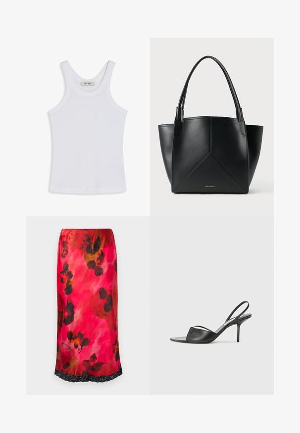 Balta tank top'o viršutinė dalis, pagaminta iš lygaus audinio, su apvaliu iškirpimu ir plačiomis petnešomis, viduje yra etiketė su užrašu "IVY OAK."; Satino midi sijonas su rožiniu akvareliniu gėlių raštu, juodais akcentais ir nėriniu apatinėje dalyje. Lygus paviršius, prigludusi siluetas.; Juodos odinės slingback aukštakulnės bateliai su smailiu priekiniu galu, plona kulkšnies juostele ir stiletto kulnu. Papuošti mazginio detalė vampyro dalyje.; Juodas odinis nešiojimo krepšys su geometriniu dizainu, turintis dvi rankenas ir auksinį prekės ženklą priekyje. Lygus paviršius ir struktūrizuota forma.