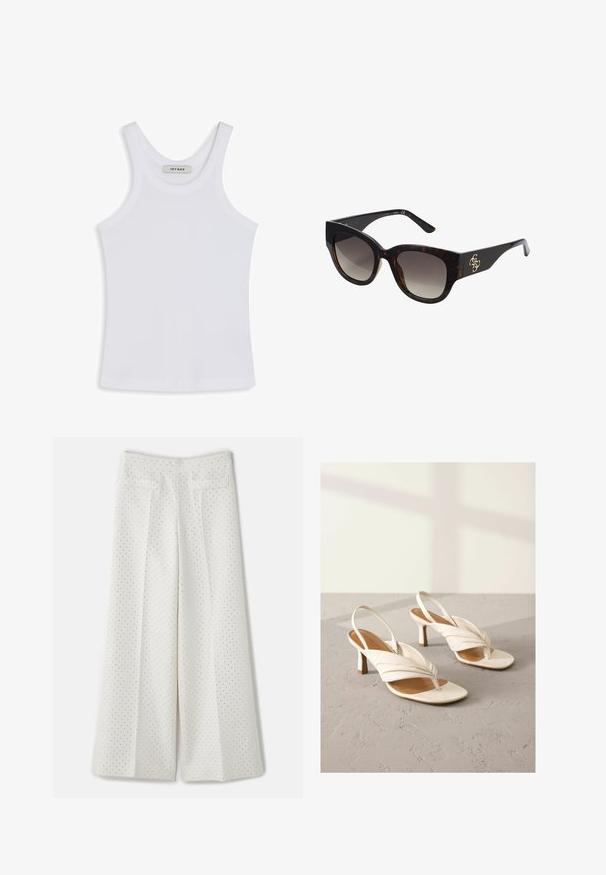 Valge t-särk, mis on valmistatud siledast kangast, ümmarguse kaelusega ja võimalike laia õlavarre rihmadega, sees oleval etikett on kirjas "IVY OAK."; sandro PANTALON - Püksid - ecru; Valged nahk slingback kontsad keeratud esitoena, avatud varvastega ja keskmise kõrgusega plokkkontsaga. Sile tekstuur ja minimaalsed aksessuaarid.; Kilpkonnakilbi prillid suurte ristkülikukujuliste raamidega, gradiendi läätsed ja kuldne logo aksent raamialuses. Sujuv plastmaterjal.; Kreemi värvi pehme kunstnahast kott, millel on kokku volditud disain, reguleeritav rihm ja tagasihoidlik nöörrakendus. Sujuv tekstuur ja ümar kuju.