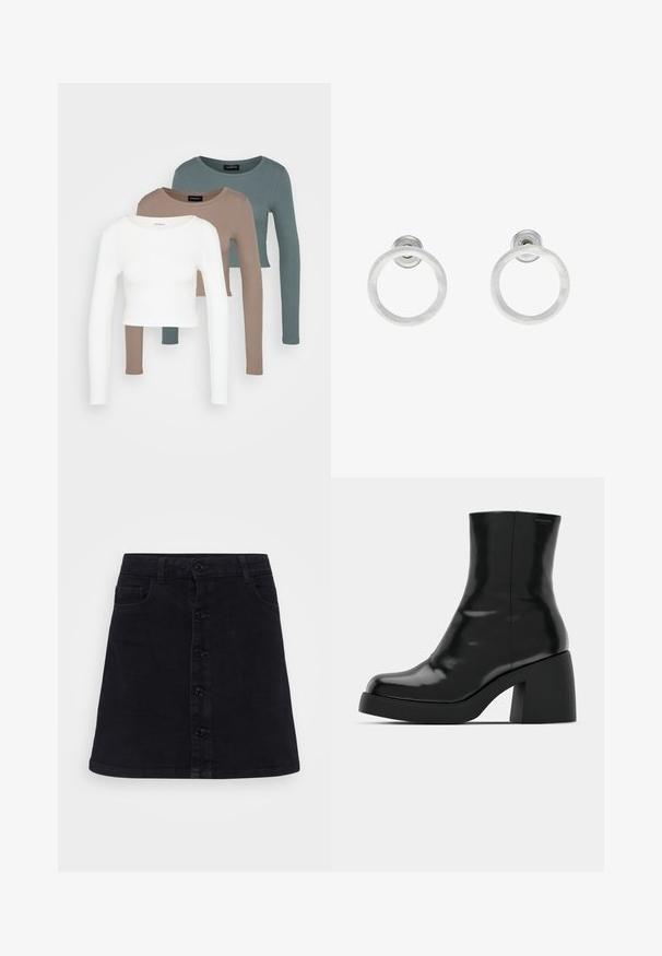 Trīs garām piedurknēm apgrieztas blūzes, sakrautas, krāsās balta, bēša un blāvi tumši zila, ar apaļiem kakla izgriezumiem, uz gaiši pelēka fona.; Melna džinsu svārki ar taisnu griezumu, kas aprīkoti ar priekšējo pogu aizdari, divām sānu kabatām un gludu tekstūru.; Melnas potītes zābaku ar spīdīgu apdari, kvadrātveida pirkstu un biezu bloku papēdi. Dizainā ir bezšuvju siluets un minimāla zīmola identitāte.; Sudraba metāla gredzenveida auskari ar matētu faktūru, ar apaļu dizainu un caurspīdīgu aizdari, lai nodrošinātu drošu valkāšanu.