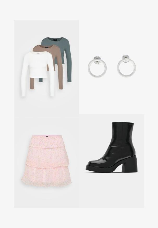 Trīs garām piedurknēm apgrieztas blūzes, sakrautas, krāsās balta, bēša un blāvi tumši zila, ar apaļiem kakla izgriezumiem, uz gaiši pelēka fona.; Rozā, līmeņu svārki, izgatavoti no caurspīdīgas auduma ar ziedu rakstiem pasteļa krāsās. Elastīga jostasvieta uzlabo komfortu un pielāgošanos.; Melnas potītes zābaku ar spīdīgu apdari, kvadrātveida pirkstu un biezu bloku papēdi. Dizainā ir bezšuvju siluets un minimāla zīmola identitāte.; Sudraba metāla gredzenveida auskari ar matētu faktūru, ar apaļu dizainu un caurspīdīgu aizdari, lai nodrošinātu drošu valkāšanu.