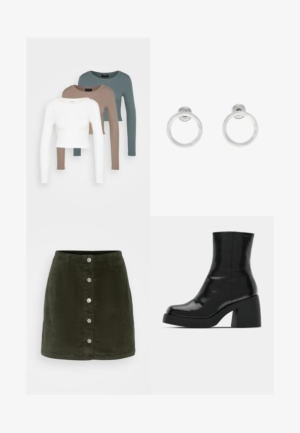 Tričko s dlhým rukávom v crop štýle, poskladané jedno na druhé v bielej, béžovej a tlmenej morskej farbe, s okrúhlym výstrihom na svetlo šedom pozadí.; Vero Moda Petite VMETTA SHORT SKATER - sukňa v tvare A - forest night; Čierne členkové topánky s lesklým povrchom, štvorcovou špičkou a širokým blokovým opätkom. Dizajn sa vyznačuje bezšvovou siluetou a minimálnym brandingom.; Strieborné kovové náušnice vo forme kruhov s brúsenou textúrou, so zaobleným dizajnom a priehľadným zarážkou pre bezpečné nosenie.