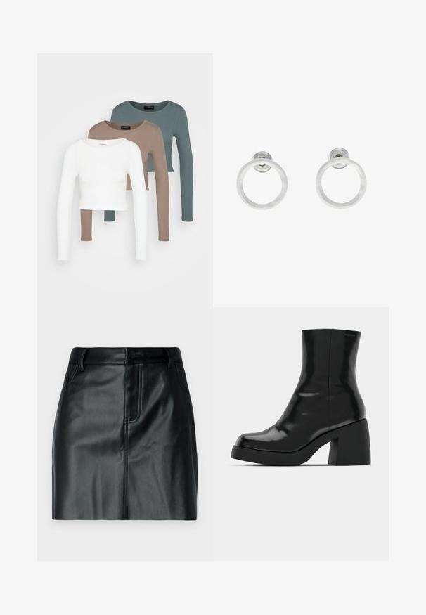 Tre långa ärmade croptopar staplade, i färgerna vit, beige och dämpad teal, med rund hals i en ljusgrå bakgrund.; Svart läder minikjol med en slät yta, midjeband med knappstängning och framlommor med sydda detaljer.; Svarta ankelstövlar med en blank finish, fyrkantig tå och en tjock blockklack. Designen har en sömlös silhuett och minimal märkning.; Silvriga metallringörhängen med borstad yta, som har en cirkulär design och en genomskinlig stiftbaksida för säker användning.