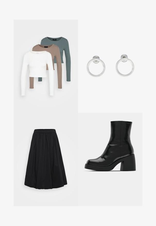 Trys ilgomis rankovėmis apkirptos palaidinės, spalvų: balta, smėlinė ir tyliai mėtinė, su apvaliais iškirpimais, ant šviesiai pilko fono.; Juodas, iki kelių siekiantis sijonas, pagamintas iš lengvos medžiagos, turintis suglebusį elastingą juosmenį ir platų, apimtį suteikiantį siluetą.; Juodi kulkšniniai batai su blizgiu paviršiumi, kvadratiniu pirštu ir storu blokiniu kulnu. Dizainas pasižymi be siūlių siluetu ir minimalia ženklinimo. ; Sidabriniai metaliniai auskarai žiedų pavidalu su šveitimo tekstūra, turintys apvalų dizainą ir skaidrų laikiklį saugiam dėvėjimui.