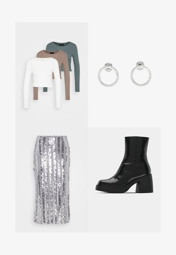 Tričko s dlhým rukávom v crop štýle, poskladané jedno na druhé v bielej, béžovej a tlmenej morskej farbe, s okrúhlym výstrihom na svetlo šedom pozadí.; Strieborná sukňa s flitrami s vertikálnymi pruhmi rôznych veľkostí, hladkou textúrou a priliehavým strihom. Možno prať v práčke a má dizajn na natiahnutie.; Čierne členkové topánky s lesklým povrchom, štvorcovou špičkou a širokým blokovým opätkom. Dizajn sa vyznačuje bezšvovou siluetou a minimálnym brandingom.; Strieborné kovové náušnice vo forme kruhov s brúsenou textúrou, so zaobleným dizajnom a priehľadným zarážkou pre bezpečné nosenie.