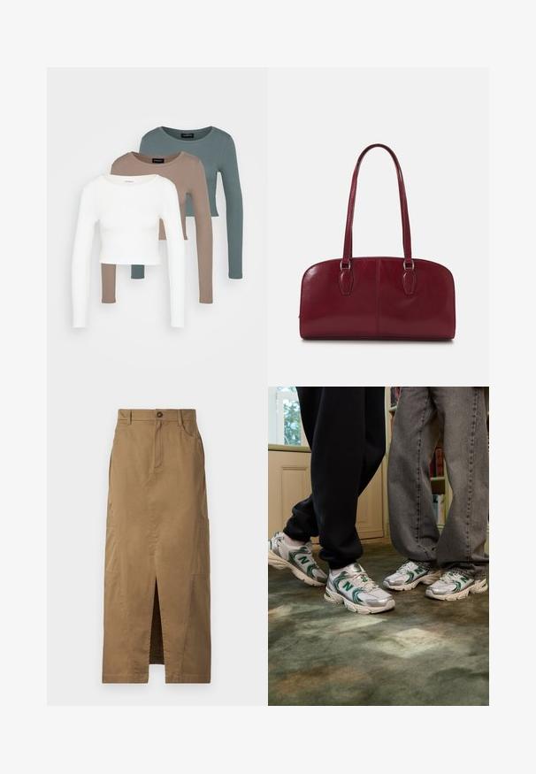 Tres tops cortos de manga larga apilados, en colores blanco, beige y verde azulado apagado, con cuellos redondos sobre un fondo gris claro.; Falda maxi color caqui hecha de una mezcla de algodón, con una abertura frontal, bolsillos laterales y un cierre de botón en la cintura. Textura suave.; Zapatillas blancas y plateadas con acentos verdes y logo de "N". Materiales sintéticos y malla texturizada, diseñadas para el confort.; Zign LEATHER - Bolso de mano - dark red; Pendientes de aro de metal plateado con una textura cepillada, que presentan un diseño circular y un respaldo transparente para un uso seguro.