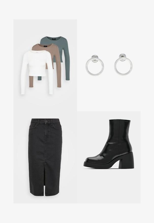 Trīs garām piedurknēm apgrieztas blūzes, sakrautas, krāsās balta, bēša un blāvi tumši zila, ar apaļiem kakla izgriezumiem, uz gaiši pelēka fona.; Melna denima svārki ar vidēju garumu, priekšējo šķēlumu un klasisku piecu kabatu dizainu. Satur pogu aizdari un jostas cilpas.; Melnas potītes zābaku ar spīdīgu apdari, kvadrātveida pirkstu un biezu bloku papēdi. Dizainā ir bezšuvju siluets un minimāla zīmola identitāte.; Sudraba metāla gredzenveida auskari ar matētu faktūru, ar apaļu dizainu un caurspīdīgu aizdari, lai nodrošinātu drošu valkāšanu.