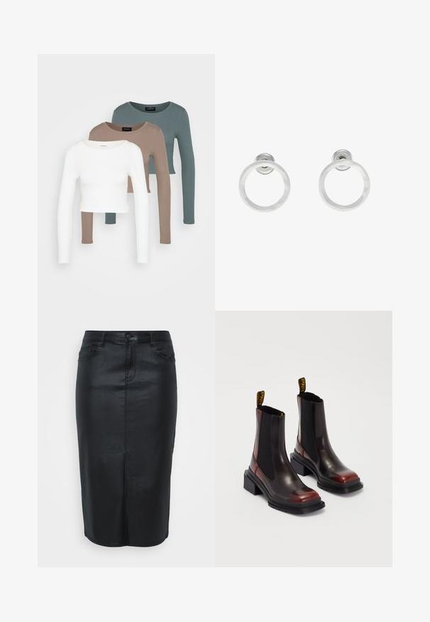 Trīs garām piedurknēm apgrieztas blūzes, sakrautas, krāsās balta, bēša un blāvi tumši zila, ar apaļiem kakla izgriezumiem, uz gaiši pelēka fona.; Melna džinsu svārku zīmola ar augstu jostu, piecu kabatu dizainu un priekšējo pogu aizvēršanu. Gluda tekstūra un līdz ceļiem īsa griezuma.; Dr. Martens MAYBOLE CHELSEA - Puszābaki ar platformu - black/cherry red; Sudraba metāla gredzenveida auskari ar matētu faktūru, ar apaļu dizainu un caurspīdīgu aizdari, lai nodrošinātu drošu valkāšanu.