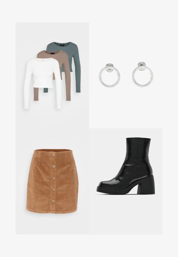 Tre langermede crop topper stablet, fargene hvit, beige og dempet teal, med runde halsåpninger på en lys grå bakgrunn.; Ribbes miniskjørt i lys brun med knappfront, syv sølvfargede knapper og teksturert, ribbet stoff.; Sorte ankelstøvler med en blank finish, kvadratisk tå og en tykk blokkheel. Designet har en sømløs silhuett og minimal merkevare.; Sølvmetall hoop øreringer med børstet tekstur, med en sirkulær design og klar feste bak for sikker bruk.