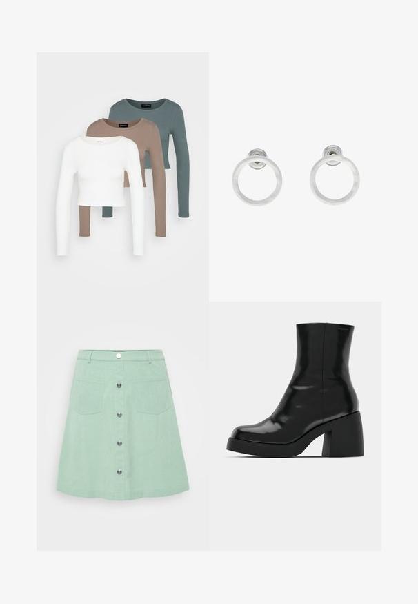 Trii dolgi rokavi kroji vrhovi zloženi, barve bela, bež in umirjena teal, z okroglimi izrezi na svetlo sivi podlagi.; Minta zelena denim krila s gumbom, dvema sprednjima žepoma in razširjenim krojem. Teksturovan material z vidnimi šivi.; Črne gležnjarje z sijajno površino, kvadratnim nosom in debelim blokskim peto. Oblikovanje izstopa s brezšivno silhueto in minimalnim logotipiranjem.; Srebrni kovinski obročasti uhani z brušenjem, s krožno obliko in prozornim zatičem za varno nošenje.