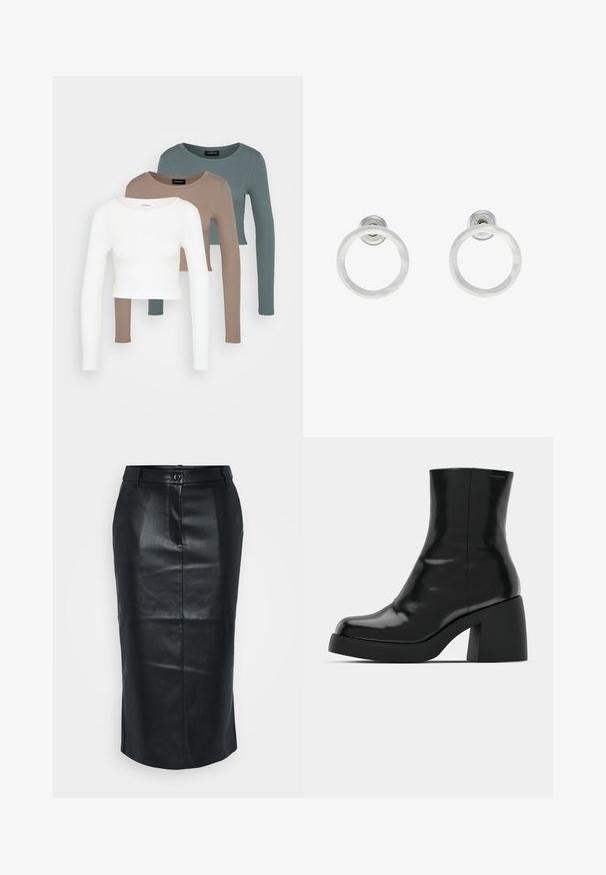 Trīs garām piedurknēm apgrieztas blūzes, sakrautas, krāsās balta, bēša un blāvi tumši zila, ar apaļiem kakla izgriezumiem, uz gaiši pelēka fona.; Melnas ādas zīda svārki ar augstu jostas vietu, aizmugures šķēlumu, gludu tekstūru un vienu pogu. Izturīgs, pielāgots dizains.; Melnas potītes zābaku ar spīdīgu apdari, kvadrātveida pirkstu un biezu bloku papēdi. Dizainā ir bezšuvju siluets un minimāla zīmola identitāte.; Sudraba metāla gredzenveida auskari ar matētu faktūru, ar apaļu dizainu un caurspīdīgu aizdari, lai nodrošinātu drošu valkāšanu.