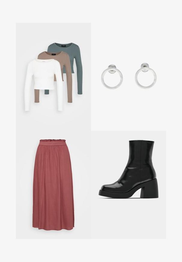 Trii dolgi rokavi kroji vrhovi zloženi, barve bela, bež in umirjena teal, z okroglimi izrezi na svetlo sivi podlagi.; Maxi krilo v mehkem, burgundskem materialu z nabiranim pasom in volančki. Ima tekočo silhueto in subtilno teksturo.; Črne gležnjarje z sijajno površino, kvadratnim nosom in debelim blokskim peto. Oblikovanje izstopa s brezšivno silhueto in minimalnim logotipiranjem.; Srebrni kovinski obročasti uhani z brušenjem, s krožno obliko in prozornim zatičem za varno nošenje.