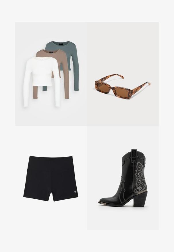 Trys ilgomis rankovėmis apkirptos palaidinės, spalvų: balta, smėlinė ir tyliai mėtinė, su apvaliais iškirpimais, ant šviesiai pilko fono.; Juodi sportiniai šortai iš tamprios medžiagos su plokščiu juosmeniu ir mažuoju logotipu apatiniame dešiniajame kampe. Lygus paviršius, be raštų.; Juodas odinis kaubojiškas batas su baltomis siūlėmis ir išraiškingu dizainu šonuose. Kulnas yra masyvus ir tekstūruotas, su metaliniu akcentu.; Vėžlio kiauto saulės akiniai su stačiakampiais rudi objektyvais, storu rėmu ir siaurais rankenėlėmis, dekoruotomis skirtingų atspalvių ruda spalva.; Sidabriniai metaliniai auskarai žiedų pavidalu su šveitimo tekstūra, turintys apvalų dizainą ir skaidrų laikiklį saugiam dėvėjimui.