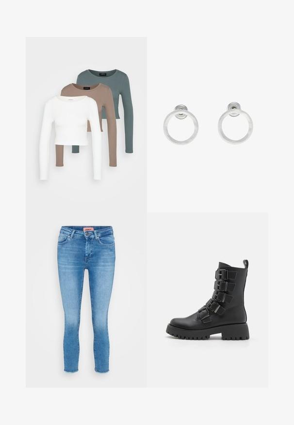 Kolm pika varrukaga lühikest tsooni moodustavat topi, värvid valge, beež ja tuhm türkissinine, ümmarguste kaelustega, heleda halli tausta peal.; Heledad sinine denimist kitsad teksad keskmise kõrgusega vöökohaga, viie tasku ja toore äärisega pahkluudes. Brändi silt on nähtav vöökohal.; Mustad nahkased mustad pahkluu saapad, millel on mitmed metallist pandlad, paks platvormitald ja tõmbenöör taga.; Hõbedased metallist rõngastooted, millel on harjatud tekstuur, ümmargune disain ja selge tagumine post, tagamaks kindlat kandmist.