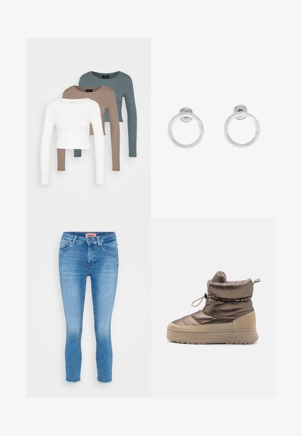 Kolme pitkähihasta lyhyttä toppia pinottuna, värit valkoinen, beige ja vaimea teal, pyöreillä kaula-aukkoilla vaaleanharmaata taustaa vasten.; Vaaleansiniset farkut, joissa on kapea malli ja keskikorkea vyötärö, viiden taskun muotoilu, sekä raakareunat nilkoissa. Brändin etiketti näkyy vyötäröltä.; Vahvistettu nilkkamokkasandaali, jossa on kiiltävä ruskea synteettinen päällinen, mokkanahkaiset yksityiskohdat, pyöristetty kärki ja teksturoitu beige pohja, jossa on vetotanko.; Hopeista valmistetut korvakorut, joissa on harjattu pinta, ympyrän muotoinen muotoilu ja kirkas varsi takana, joka takaa turvallisen käytön.