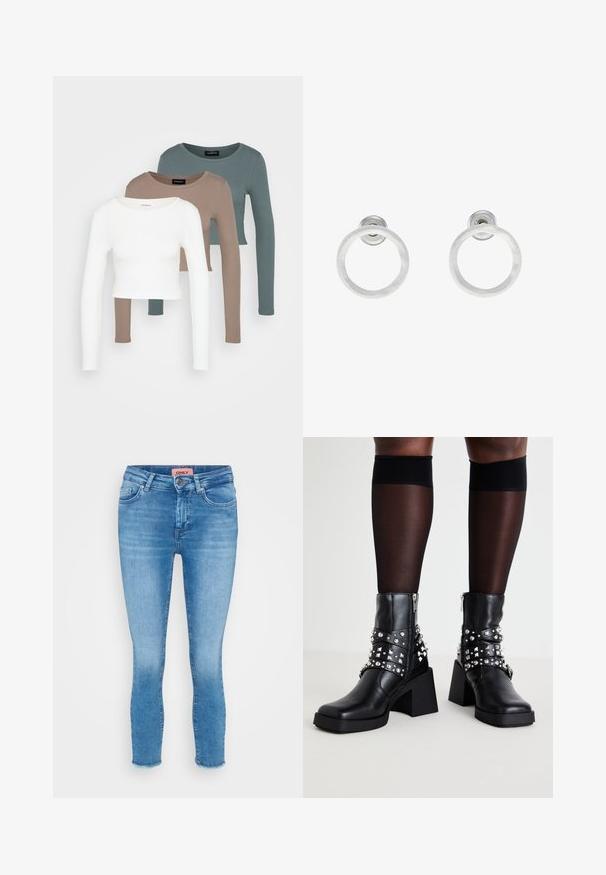 Three long-sleeve crop tops stacked, colors white, beige, and muted teal, with round necklines on a light gray background.; Light blue denim skinny jeans with a mid-rise waist, five-pocket design, and raw hem detail at the ankles. Brand label visible at the waist.; Black ankle boots with a chunky heel, featuring silver studs and straps, made of leather with a smooth texture and a zip closure.; Silver metal hoop earrings with a brushed texture, featuring a circular design and a clear post back for secure wear.