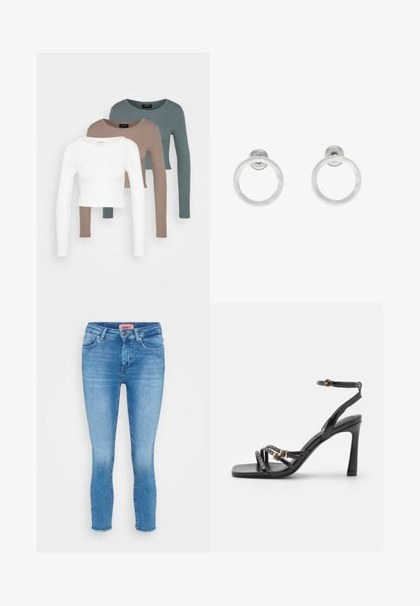 Three long-sleeve crop tops stacked, colors white, beige, and muted teal, with round necklines on a light gray background.; Light blue denim skinny jeans with a mid-rise waist, five-pocket design, and raw hem detail at the ankles. Brand label visible at the waist.; Black high-heeled sandals made of glossy leather. Features crisscross straps with gold studs and a buckle closure on the ankle strap.; Silver metal hoop earrings with a brushed texture, featuring a circular design and a clear post back for secure wear.