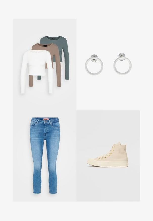 Trys ilgomis rankovėmis apkirptos palaidinės, spalvų: balta, smėlinė ir tyliai mėtinė, su apvaliais iškirpimais, ant šviesiai pilko fono.; Šviesiai mėlynos džinsinės, prigludusios kelnės su vidutinio aukščio juosmeniu, penkių kišenių dizainu ir nelygiais galais ties kulkšnimis. Priklausomybės etiketė matoma ties juosmeniu.; Bežiniai aukšti sportbačiai, pagaminti iš lygaus kanvaso, su auksinėmis akytėmis, balta guma padais ir pirštu dangteliu. Yra raištelių užsegimo priekinė dalis.; Sidabriniai metaliniai auskarai žiedų pavidalu su šveitimo tekstūra, turintys apvalų dizainą ir skaidrų laikiklį saugiam dėvėjimui.