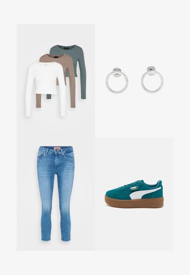 Three long-sleeve crop tops stacked, colors white, beige, and muted teal, with round necklines on a light gray background.; Light blue denim skinny jeans with a mid-rise waist, five-pocket design, and raw hem detail at the ankles. Brand label visible at the waist.; Teal suede sneaker with white stripe and gold branding. Features a thick brown rubber sole and round toe design. Laced closure.; Silver metal hoop earrings with a brushed texture, featuring a circular design and a clear post back for secure wear.