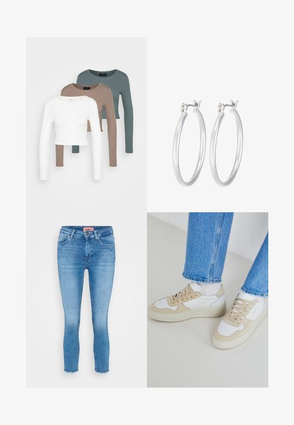 Drei langärmelige Cropped Tops übereinander gestapelt, in den Farben Weiß, Beige und gedecktem Türkis, mit runden Ausschnitten auf einem hellgrauen Hintergrund.; Hellblaue enganliegende Jeans aus Denim mit mittelhohem Bund, Fünf-Taschen-Design und rohem Saum an den Knöcheln. Markenlabel an der Taille sichtbar.; Weiße und beige Sneaker mit perforierten Details, einem glatten Lederobermaterial und einer dicken Gummisohle. Kombination mit hellblauen Jeans.; Silberne Creolen mit einer glatten, polierten Oberfläche. Runder Form und sicherem Klickverschluss. Leichtes Design, geeignet für den täglichen Gebrauch.