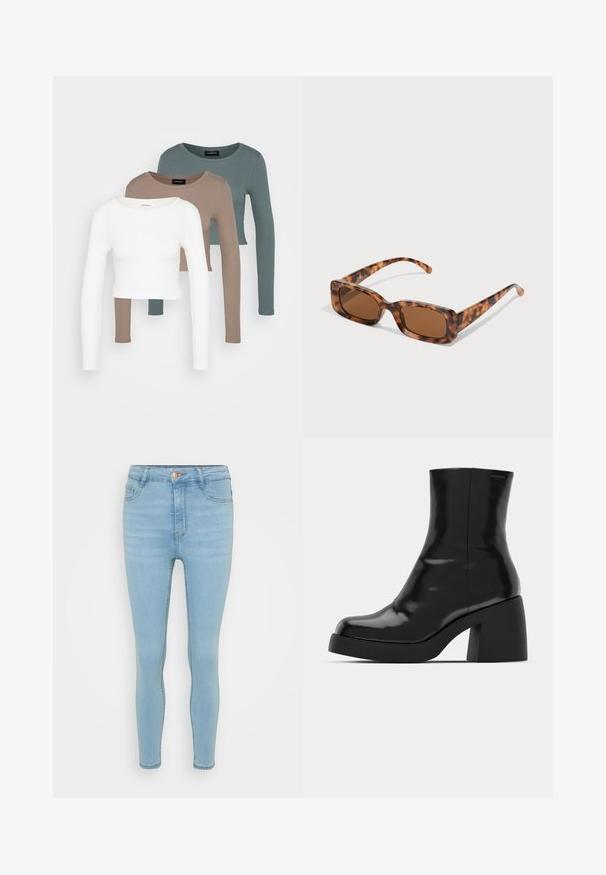 Tři dlouhé rukávy topy ve zkrácené délce naskládány na sobě, barvy bílá, béžová a tlumená modrozelená, s kulatými výstřihy na světle šedém pozadí.; Světle modré džíny skinny s vysokým pasem, s předním zapínáním na knoflík a zip, pěti kapsami a jemným vyblednutím.; Černé kotníkové boty s lesklým povrchem, čtveratou špičkou a silným blokovým podpatkem. Design se vyznačuje bezproblémovým siluetu a minimálním brandingem.; Kočičí brýle se želvovinovým vzorem, obdélníkové hnědé čočky, silný rám a úzké nožičky s různými odstíny hnědé.