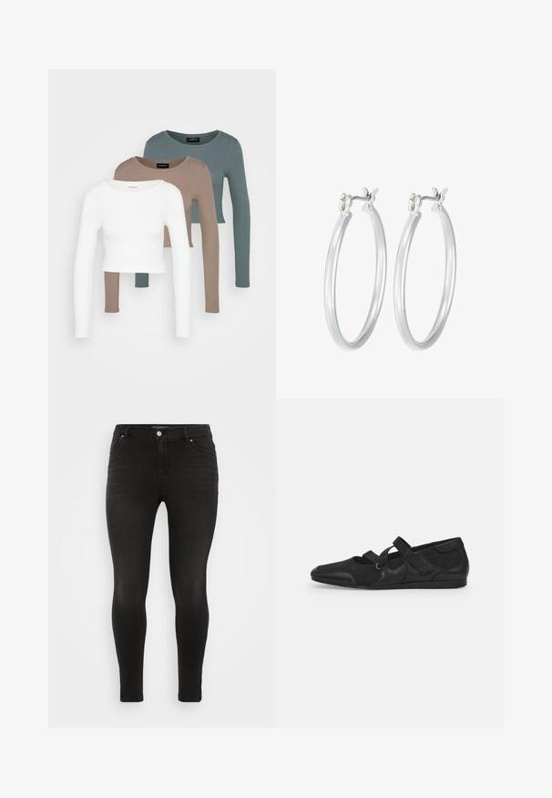 Kolm pika varrukaga lühikest tsooni moodustavat topi, värvid valge, beež ja tuhm türkissinine, ümmarguste kaelustega, heleda halli tausta peal.; Mustad mustad teksad sileda tekstuuriga, klassikalise viie tasku disainiga, metallist nupuga kinnis ja kangal kerge pleekimisega.; Mustad mustad kingad pehme ja tekstuurse pealmise osaga, millel on kaks reguleeritavat rihma ja ümmargune toe disain, paigaldatud tasasele kummist tallale.; Hõbedased rõngaskõrvarõngad, millel on sile, läikiv viimistlus. Ümmargune kuju ja turvaline klõpsulatus. Kerge disain, sobib igapäevaseks kandmiseks.