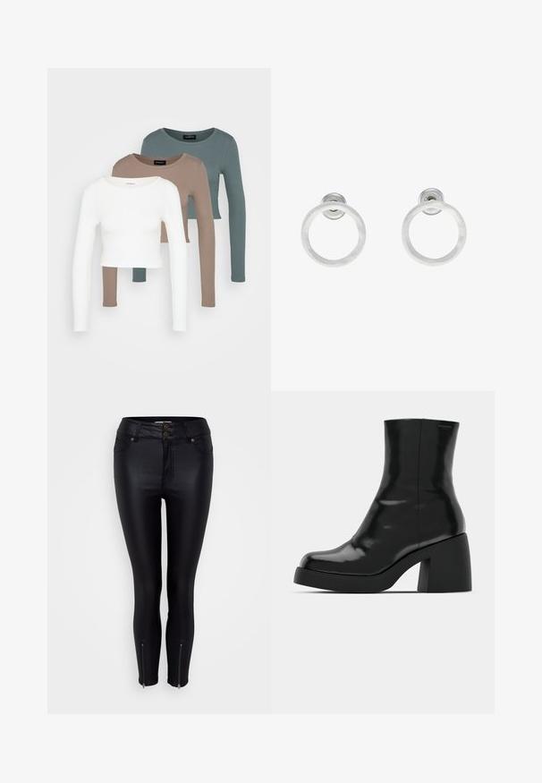 Tres tops cortos de manga larga apilados, en colores blanco, beige y verde azulado apagado, con cuellos redondos sobre un fondo gris claro.; Vaqueros negros ajustados con un acabado de faux cuero brillante, dos bolsillos delanteros, cierre de doble botón y cremalleras en los tobillos para un toque de detalle.; Botas de tobillo negras con un acabado brillante, punta cuadrada y un tacón grueso en bloque. El diseño presenta una silueta sin costuras y un minimalismo en la marca.; Pendientes de aro de metal plateado con una textura cepillada, que presentan un diseño circular y un respaldo transparente para un uso seguro.