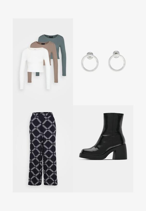 Trīs garām piedurknēm apgrieztas blūzes, sakrautas, krāsās balta, bēša un blāvi tumši zila, ar apaļiem kakla izgriezumiem, uz gaiši pelēka fona.; Vero Moda Petite VMBRINA PANTS - Auduma bikses - black; Melnas potītes zābaku ar spīdīgu apdari, kvadrātveida pirkstu un biezu bloku papēdi. Dizainā ir bezšuvju siluets un minimāla zīmola identitāte.; Sudraba metāla gredzenveida auskari ar matētu faktūru, ar apaļu dizainu un caurspīdīgu aizdari, lai nodrošinātu drošu valkāšanu.