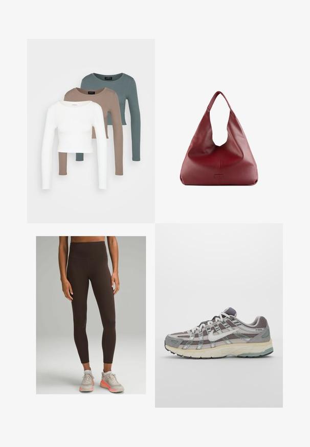 Drei langärmelige Cropped Tops übereinander gestapelt, in den Farben Weiß, Beige und gedecktem Türkis, mit runden Ausschnitten auf einem hellgrauen Hintergrund.; lululemon WUNDER TRAIN HIGH-RISE 64CM - Tights - espresso; Grauer Sportschuh mit einem Obermaterial aus Mesh und Wildleder, weißen Akzenten, einer gepolsterten Sohle und einem charakteristischen Design mit reflektierenden Elementen.; Rote Leder-Hobo-Tasche mit einem breiten, lässigen Design und einer großen Öffnung, die eine dezente Textur und ein auf der Vorderseite prägtes Logo aufweist.