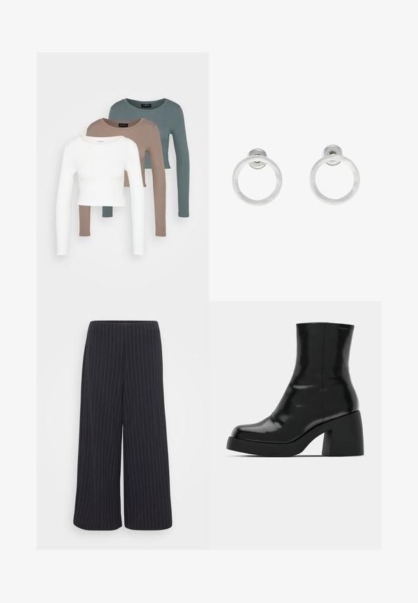 Three long-sleeve crop tops stacked, colors white, beige, and muted teal, with round necklines on a light gray background.; Black wide-leg trousers with white pinstripe pattern. Made from smooth fabric, featuring a high waist and no visible fastenings.; Black ankle boots with a glossy finish, square toe, and a thick block heel. The design features a seamless silhouette and minimal branding.; Silver metal hoop earrings with a brushed texture, featuring a circular design and a clear post back for secure wear.