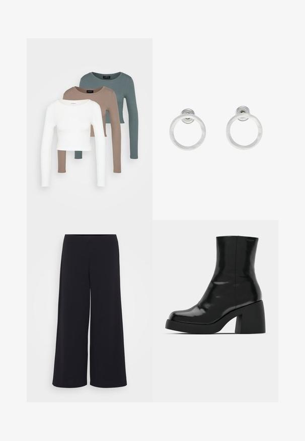 Kolm pika varrukaga lühikest tsooni moodustavat topi, värvid valge, beež ja tuhm türkissinine, ümmarguste kaelustega, heleda halli tausta peal.; Mustad laiad püksid, mis on valmistatud siledast kangast, kõrge vöökoha ja voolava siluettiga, puhta ja kaunistusteta disainiga.; Mustad mustad, läikiva viimistlusega, ruudukujulise varbaga ja paksu plokktallaga. Kujundus sisaldab sujuvat siluetti ja minimaalset brändimist.; Hõbedased metallist rõngastooted, millel on harjatud tekstuur, ümmargune disain ja selge tagumine post, tagamaks kindlat kandmist.