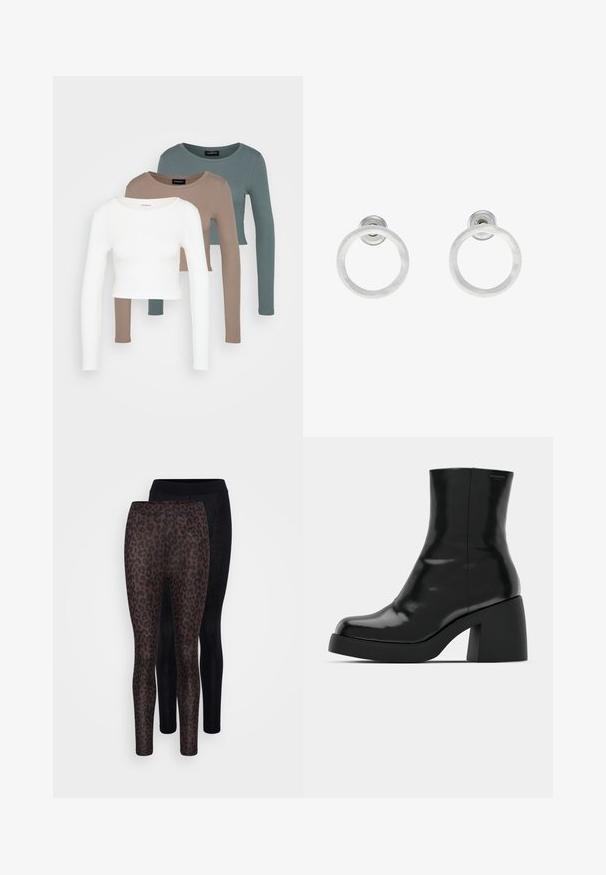 Tre långa ärmade croptopar staplade, i färgerna vit, beige och dämpad teal, med rund hals i en ljusgrå bakgrund.; Två par leggings: ett par svarta och ett par med leopardmönster i bruna fläckar på en mörk bakgrund. Båda är figursydda och har en slät yta.; Svarta ankelstövlar med en blank finish, fyrkantig tå och en tjock blockklack. Designen har en sömlös silhuett och minimal märkning.; Silvriga metallringörhängen med borstad yta, som har en cirkulär design och en genomskinlig stiftbaksida för säker användning.