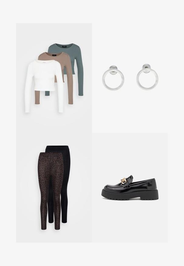 Tre långa ärmade croptopar staplade, i färgerna vit, beige och dämpad teal, med rund hals i en ljusgrå bakgrund.; Två par leggings: ett par svarta och ett par med leopardmönster i bruna fläckar på en mörk bakgrund. Båda är figursydda och har en slät yta.; Svarta lackläderloafers med en kraftig svart sula och detaljer i guld. Slät yta och rund tådesign.; Silvriga metallringörhängen med borstad yta, som har en cirkulär design och en genomskinlig stiftbaksida för säker användning.