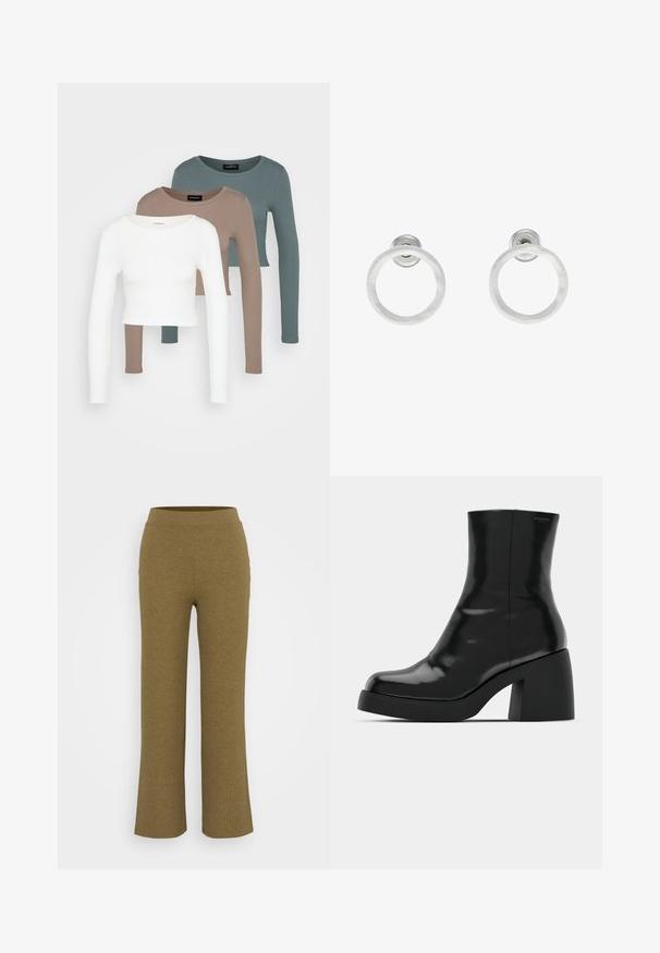 Kolm pika varrukaga lühikest tsooni moodustavat topi, värvid valge, beež ja tuhm türkissinine, ümmarguste kaelustega, heleda halli tausta peal.; Kared, sirged jalad, õrnalt oliivroheline värv. Omab laia vööd ja pehmet, tekstuurset kangast.; Mustad mustad, läikiva viimistlusega, ruudukujulise varbaga ja paksu plokktallaga. Kujundus sisaldab sujuvat siluetti ja minimaalset brändimist.; Hõbedased metallist rõngastooted, millel on harjatud tekstuur, ümmargune disain ja selge tagumine post, tagamaks kindlat kandmist.