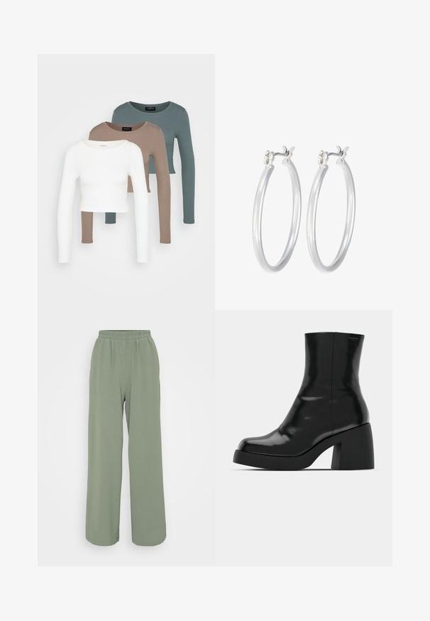 Three long-sleeve crop tops stacked, colors white, beige, and muted teal, with round necklines on a light gray background.; Light green, wide-leg trousers with an elastic waistband, made of a textured fabric. Features soft draping and a relaxed fit.; Black ankle boots with a glossy finish, square toe, and a thick block heel. The design features a seamless silhouette and minimal branding.; Silver hoop earrings with a smooth, polished finish. Round shape and secure click-top closure. Lightweight design suitable for everyday wear.