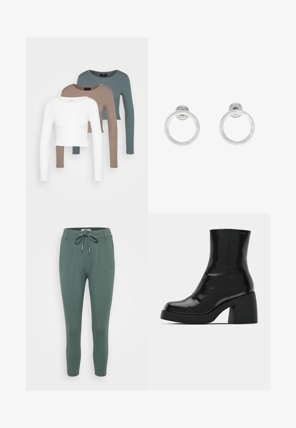 Tre långa ärmade croptopar staplade, i färgerna vit, beige och dämpad teal, med rund hals i en ljusgrå bakgrund.; Gröna, åtsittande byxor i mjukt, elastiskt material. Har en dragsko i midjan, veck och avsmalnande ben. Enkelt och minimalistiskt design.; Svarta ankelstövlar med en blank finish, fyrkantig tå och en tjock blockklack. Designen har en sömlös silhuett och minimal märkning.; Silvriga metallringörhängen med borstad yta, som har en cirkulär design och en genomskinlig stiftbaksida för säker användning.
