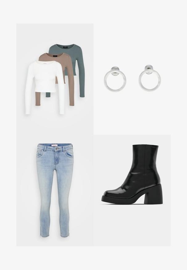 Tři dlouhé rukávy topy ve zkrácené délce naskládány na sobě, barvy bílá, béžová a tlumená modrozelená, s kulatými výstřihy na světle šedém pozadí.; ONLY Petite ONLKENDELL - Skinny džíny - light medium blue denim; Černé kotníkové boty s lesklým povrchem, čtveratou špičkou a silným blokovým podpatkem. Design se vyznačuje bezproblémovým siluetu a minimálním brandingem.; Stříbrné kovové kruhové náušnice s broušenou texturní úpravou, s kulatým designem a průhledným záznamem pro bezpečné nošení.