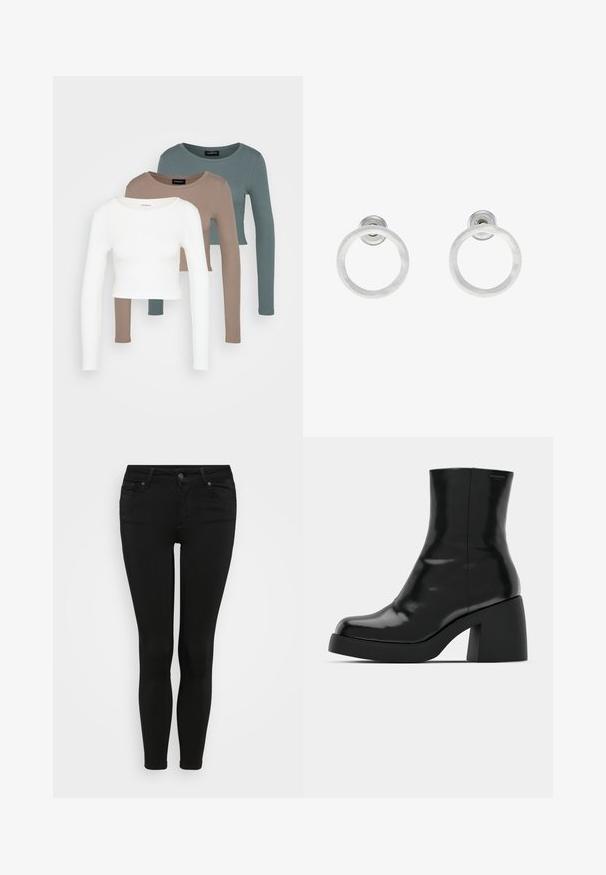 Trys ilgomis rankovėmis apkirptos palaidinės, spalvų: balta, smėlinė ir tyliai mėtinė, su apvaliais iškirpimais, ant šviesiai pilko fono.; Juodos siaurėjantys džinsai su pritaikytu dizainu, turintys užtrauktuką ir mygtuko uždarymą, penkias kišenes ir glotnų, elastingą tekstūrą.; Juodi kulkšniniai batai su blizgiu paviršiumi, kvadratiniu pirštu ir storu blokiniu kulnu. Dizainas pasižymi be siūlių siluetu ir minimalia ženklinimo. ; Sidabriniai metaliniai auskarai žiedų pavidalu su šveitimo tekstūra, turintys apvalų dizainą ir skaidrų laikiklį saugiam dėvėjimui.