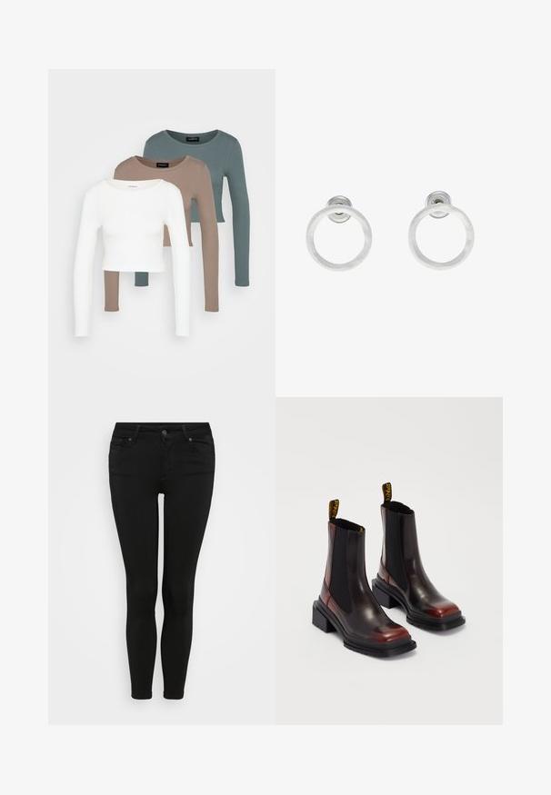 Trīs garām piedurknēm apgrieztas blūzes, sakrautas, krāsās balta, bēša un blāvi tumši zila, ar apaļiem kakla izgriezumiem, uz gaiši pelēka fona.; Melni stingri džinsi ar pieguļošu dizainu, kas aprīkoti ar rāvējslēdzēju un pogu aizdari, piecām kabatām un gludu, stiepjamu tekstūru.; Dr. Martens MAYBOLE CHELSEA - Puszābaki ar platformu - black/cherry red; Sudraba metāla gredzenveida auskari ar matētu faktūru, ar apaļu dizainu un caurspīdīgu aizdari, lai nodrošinātu drošu valkāšanu.