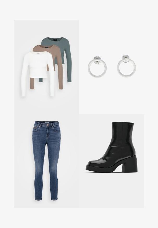 Tres tops cortos de manga larga apilados, en colores blanco, beige y verde azulado apagado, con cuellos redondos sobre un fondo gris claro.; Vaqueros skinny azul oscuro de denim con textura suave, diseño de cinco bolsillos y detalle de botón de cobre en la cintura.; Botas de tobillo negras con un acabado brillante, punta cuadrada y un tacón grueso en bloque. El diseño presenta una silueta sin costuras y un minimalismo en la marca.; Pendientes de aro de metal plateado con una textura cepillada, que presentan un diseño circular y un respaldo transparente para un uso seguro.