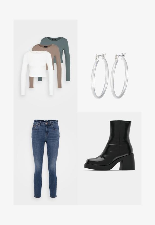 Trije crop majice dugih rukava, složene jedna na drugu, boje bijela, bež i prigušena tirkizna, s okruglim izrezima na svijetlosivoj pozadini.; Tamnoslijeđe uske traperice s glatkom teksturom, pet džepova i detaljem od bakra na struku.; Crne gležnjače s sjajnom površinom, četvrtastim vrhom i debelim blok petama. Dizajn ima besprijekornu siluetu i minimalno brendiranje.; Srebrne kružne naušnice s glatkom, poliranom površinom. Okrugli oblik i sigurno kopčanje na klik. Lagani dizajn pogodan za svakodnevno nošenje.