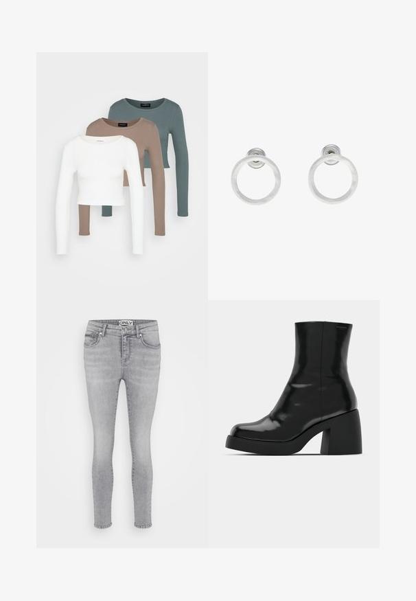 Kolm pika varrukaga lühikest tsooni moodustavat topi, värvid valge, beež ja tuhm türkissinine, ümmarguste kaelustega, heleda halli tausta peal.; Hall灰denimi kitsad teksasipüksid viie tasku disainiga, nööpkinni ja vööaugudega. Kangas on sileda tekstuuriga ja kerge pleekimisega üle kogu pinna.; Mustad mustad, läikiva viimistlusega, ruudukujulise varbaga ja paksu plokktallaga. Kujundus sisaldab sujuvat siluetti ja minimaalset brändimist.; Hõbedased metallist rõngastooted, millel on harjatud tekstuur, ümmargune disain ja selge tagumine post, tagamaks kindlat kandmist.